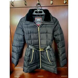 Vince Camuto Black Puffer Jacket Gold Accents Belted Excellent Cond. No Hood